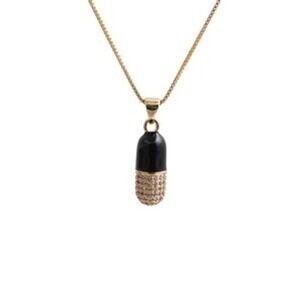 Gold Tone Capsule Pill Pendant Necklace Black Enamel Pavé Crystal Statement Edgy